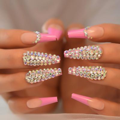 China Reusable Wear 3D ab Crystal Rhinestone Diamond French Coffin Nails Nudity Rose Design Long False Nail UV Stunning Shiny Ballet Luxury False for sale