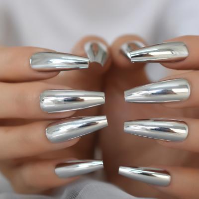 China Design Style Shiny Punk Metallic Silver Coffin Fake Nails Metallic Mirror Acrylic Reflective Press On Nail Ballet Art Tips for sale