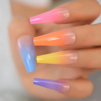 China Reusable Nude Ombre Design Rainbow Coffin Nails Summer Long Fake Ballet Nail Stunning Yellow Purple Pink Colored Shiny French Fake Nails for sale