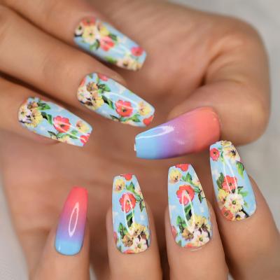 China Shiny Colorful Design Ombre French Press On Nails Popular Ballerina Long Fake Coffin Nails Flowers Model False Fingersnails Extension Tool for sale