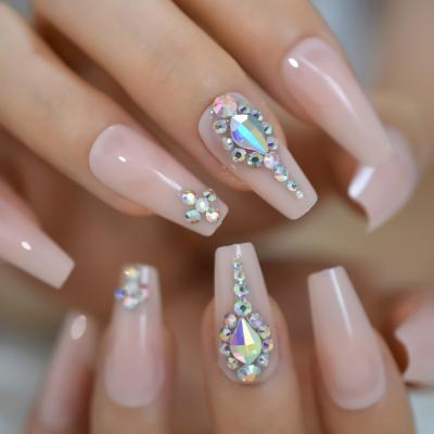 China High Quality Colorful Design Fake Nail Tips With Luxury Rhinestones Middle Long Holo Coffin Press On Nail for sale