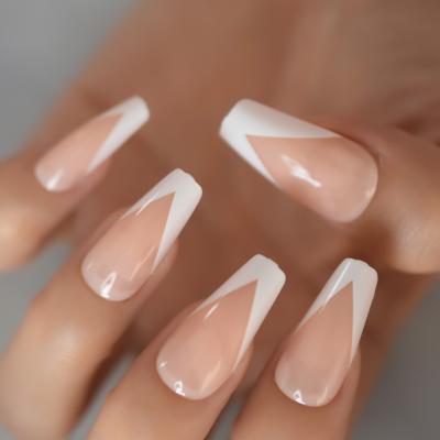 China Ballerina Shiny Nude White French Fake Nail Coffin Long Pink V Design Peach Press On Reusable Ballet Fake Wear Artificial Finger Nails for sale