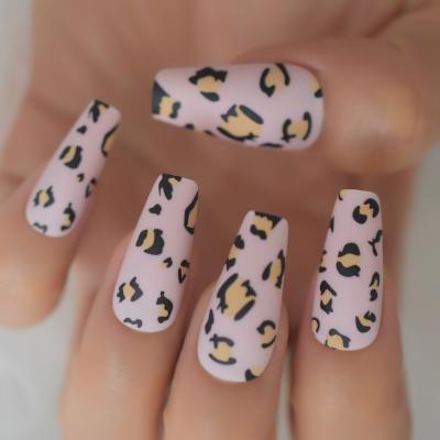 China Design Fashion Leopard Pattern False Nail Art Detachable Manicure Tool Matte Pink Full Cover Long Coffin False French Ballerina Tip Nail for sale