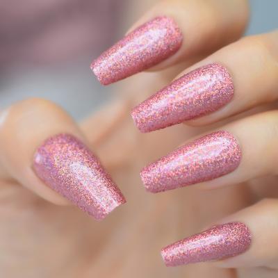 China Design Holo Pink Rose Glitter Ballerina Coffin Nail Fairy Laser Sequin Fake Press On Ballet Fake Nails Tip Reusable Use For Girl for sale