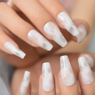 China Cloud Design Long Ballerina Coffin Gloss White Marble Fake Nail Gradient Press On Ballet Fake Nails Reusable Wear Tips for sale