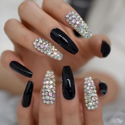 China High Quality Long Design With Marble Shiny Ballerina Galaxy 3D Rhinestones Fake Nails Artificial Nails for sale