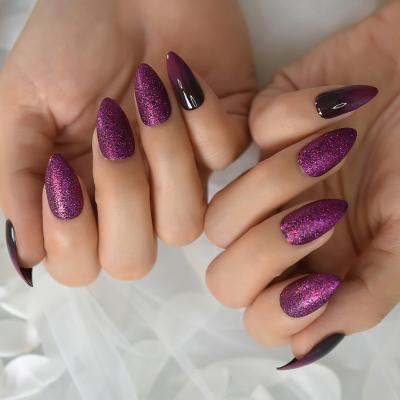 China Salon Party Gradient Design Almond Ombre Design Shiny Purple French False Nail Glitter Pointed False Tip For Manicure Women Girl for sale