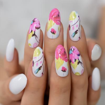 China Decorative False Nails 24pcs/set Oval Flower Pattern Design Long False Nails Artificial Designed Nail Tips Manicure Tools for sale