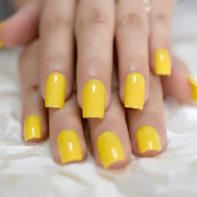 China Design Solid Pure Lemon Yellow Fake Nail Tips Full Cover Acrylic UV Gel Squoval Medium Press On Nails for sale