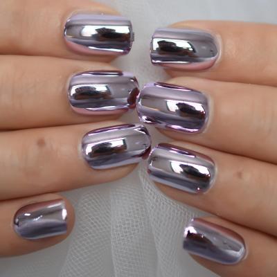 China Design Shiny Punk Style Metallic Light Purple Fake Nails Metallic Mirror Acrylic Short Reflective Press On Nail Art Tips for sale