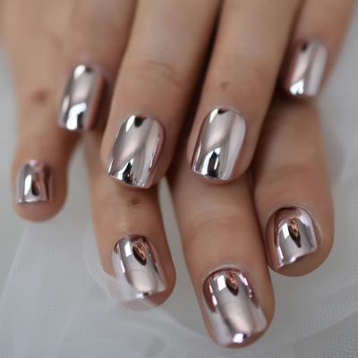 China Design Mirror Reflective Light Metallizing Soft Pink Fake French Acrylic Nail Tips Metallic Square Fake Nails for sale