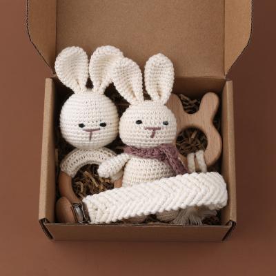 China Handmade Toy 1sets Soft Baby Crochet Teether Toys Set Cute Bunny Toys Rattle Teether Baby Pacifier Clip Chain for sale