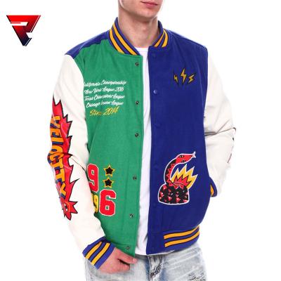 China 2022 New Arrivals Sustainable Wholesale Street Wear Wool Patches Baseball Letterman Green Blue Leather Jackets Custom Mens Varsity Jacket for sale