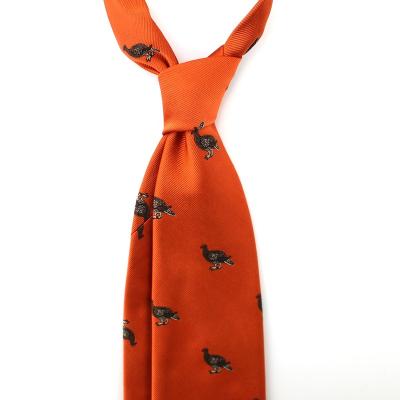 China 100% Pure Premium Silk Handmade Wholesale Mens Orange Silk Customs Woven All Over Bird Animal Tie for sale