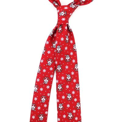 China 100% Polyester Handmade Mens Narrow Happy New Year Customs Printed Snowflakes Santa Claus Christmas Neckties for sale