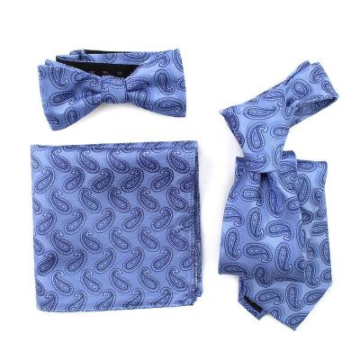 China 100% Luxury Pure Silk Woven Bow Tie Square and Pocket Paisley Business Men's Business Fashion Formal Premium Good Woven Blue Sets for sale