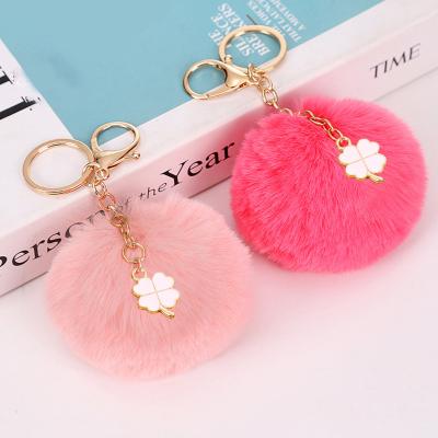 China 2021 New Lucky Four Leaf Clover Puff Faux Rabbit Fur Lucky Pendant Keychain 8cm Rex Rabbit Hair Alloy Balls Artificial for sale