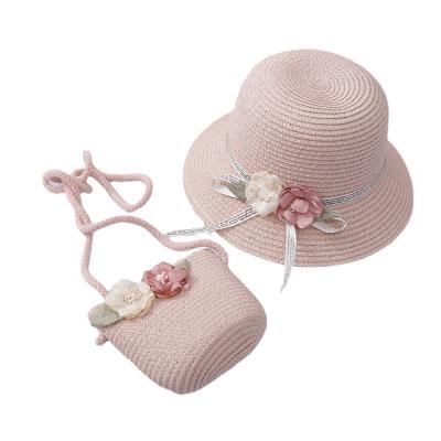 China 2-7 Years Straw Hat Travel Sun Protection Hat Children's Striped Girl Flower Sun Hat And Bag Set for sale