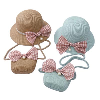 China High quality Korean children bow sun hat girl straw hat princess summer beach hat lovely and bag set for sale