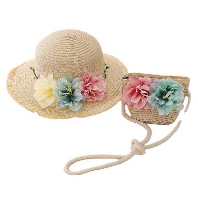 China Soft Baby Straw Hat And Bag Set Handmade Straw Sun Hat Summer Plain Big Brim Wide Wheat Character Kids for sale