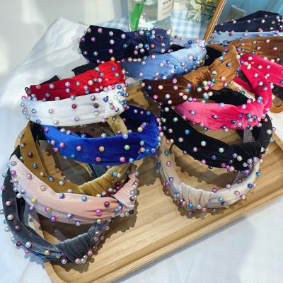 China Korean Simple Pearl Beaded Headband Colored Velvet Knotted Hairband Soft Fabric Headband for sale