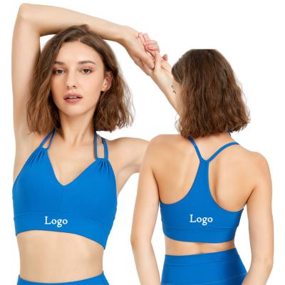 China Breathable Deep V Double Straps Shockproof Push Running Sports Bra High Impact Rib Fabric Removable Padded Yoga Bra for sale