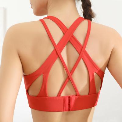 China 75% Breathable Nylon Spandex Sports Cavity Sports Bra 25% Breathable Cross Back High Print Shockproof Nude Yoga Bra for sale