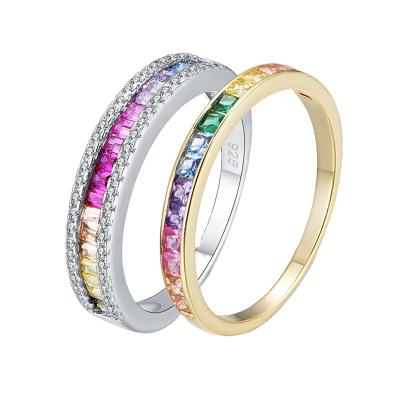 China FASHIONABLE RINNTIN EQR15 Womens 925 Sterling Silver Rainbow Cubic Zirconia 18K Gold Plated Wedding Band Eternity Rings for sale