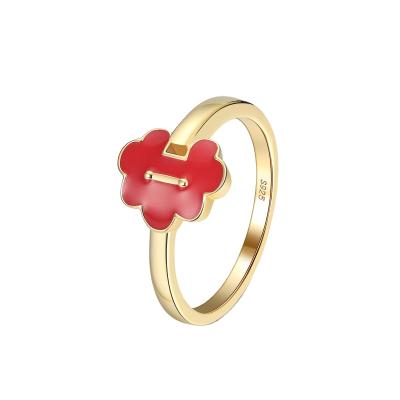 China Real 925 Sterling Silver Jewelry Wholesale Gold Rings RINNTIN EQR08 Fashion Trendy Red Enamel Ring For Women Korean Fashion Jewelry Ring for sale