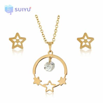 China Hot Selling Trendy Trendy Gold Plated Stainless Steel Zircon Charms Earring Pendant Necklace Set Stainless Steel Jewelry Set For Women for sale