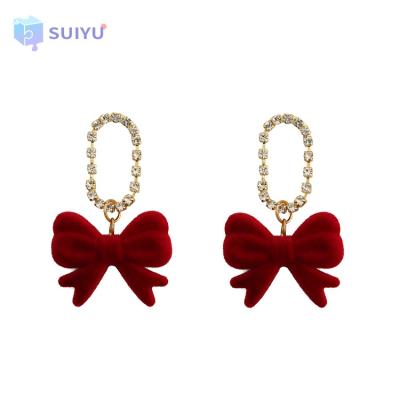 China 2021 Hot Selling Vintage Wine Red Bow Rhinestone Earrings Elegant Vintage Stud Earrings For Women Fashion for sale