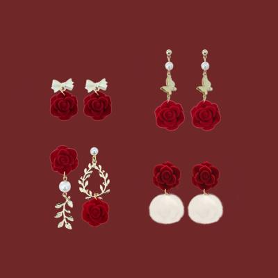 China Cute Rose Red Flocking Plush Flower Pearl Butterfly Alloy Leaf Tassels Trendy Earrings Girly Jewelry High Quality Fancy 2022 Women Earrings for sale