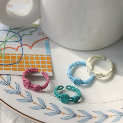 China Cute Hot Sale Japanese and Korean Soft Colorful Alloy Cartoon Girl Style Ring Blue Pink Green Fashion Adjustable Rings for Girls for sale