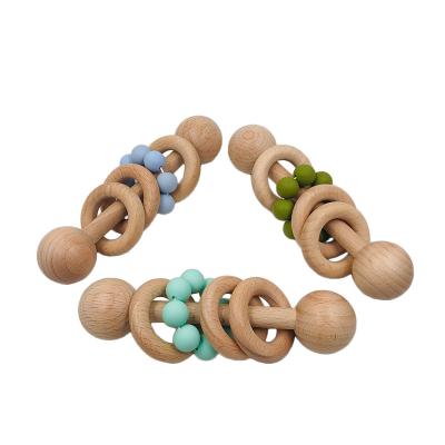 China Wholesale Eco-friendly Natural Teeth Ring Teeth Toy Rattle Toy Baby Unpainted Wood Sensory Toy Baby Rattle Wooden Teether Silicone Milk Teeth for sale