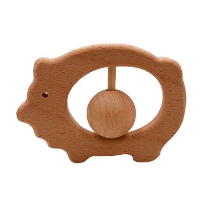 China 100% Eco-Friendly INS Cartoon Animals Wooden Teether Ring Rattle Toy for sale