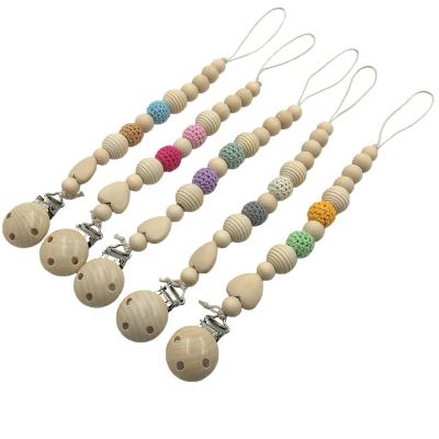 China New Eco-Friendly Amazon Baby Wooden Teether Hook Beads Clip Pacifier Chain Holder Dummy Pacifier Clips for sale