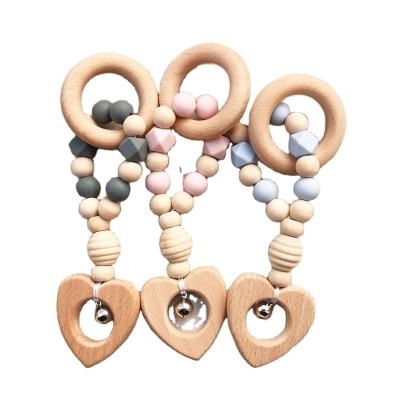 China Toy New Baby Products DIY Soft Creative Baby Wooden Teether Teeth Ring Love Shape Wooden Baby Teether Silicone Beads Soothing Teeth Play for sale