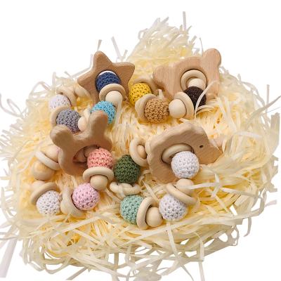 China Wholesales DIY Bpa Free Wooden Crochet Baby Teether 100% Wooden Beads With Hanging Teething Animals Infant Chew Toys for sale