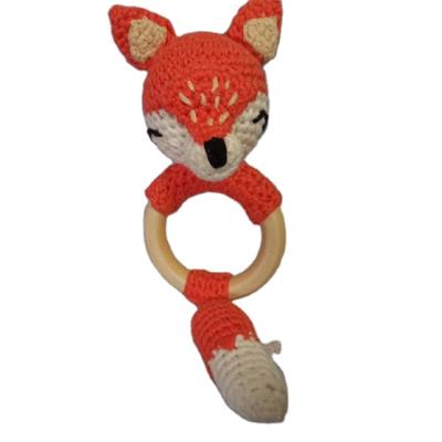 China Custom Beech Eco-Friendly Ring Baby Rattle Wooden Teether Toy LOGO Crochet Rattle Cute Animal Fox Baby for sale