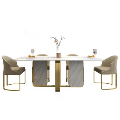 China White luxury dining table and gold Italian easy clean modern dining table metal slate esstisch chair for sale