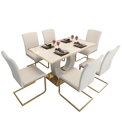 China Luxury Customized Easy Clean 6 Seater Glass Dining Table Sets White Metal Tempered Glass Dining Table for sale