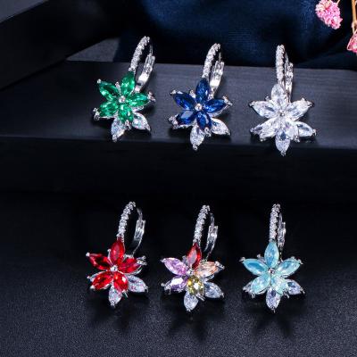 China FASHIONABLE Women's Flower Design Colorful Iced Out Zircon Circle Earrings Rhodium Plated for sale