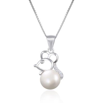 China Ethnic Women's 925 Sterling Silver Mouse Design Imitation Pearl Charm Pendant Necklace for sale