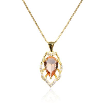 China Ethnic Gold Plated Women's 925 Sterling Silver Waterdrop Champagne Zircons Pendant Necklace for sale