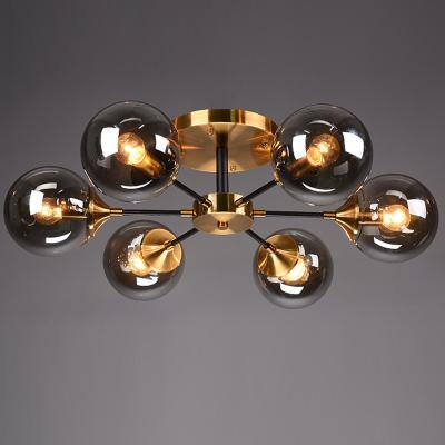 China 2022 Simple Design 6 Bulbs Shade Industrial Smoky Glass Brass Material Chandelier Pendant Light For Modern Bedroom Decoration for sale