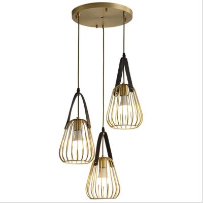 China 2022 Creative Three Bulbs Coffee Shop Hanging Pendant Light Contemporary Bed Light Brass Color Design Cage Lighting Fixtures for sale