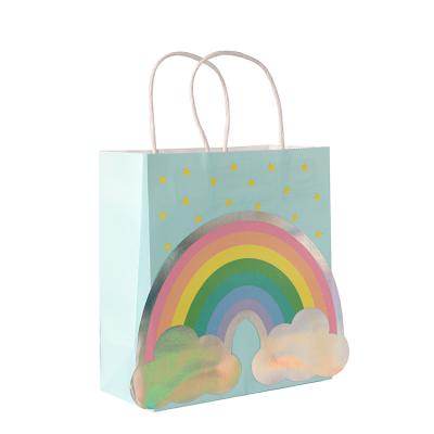 China Custom Recycled Materials Rainbow Design Goods Recycled Gift Packaging Tote Shopping Kraft Paper Bag for sale