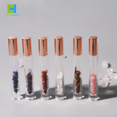 China Personal Care Logo Rose Gold Lids Bamboo Lids 10ML Gemstone Crystal Glass Essential Oil Roller Custom Bottle for sale