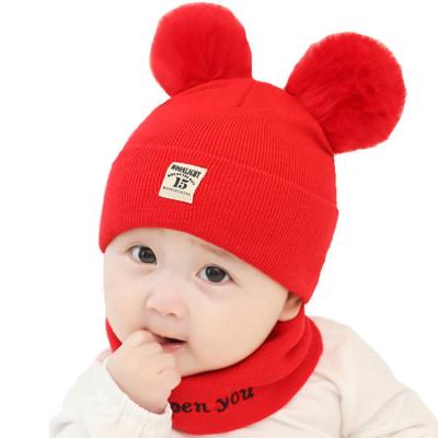 China Lovely JOINT Knitted Warm Kids Beanie Hats Winter Beanie Hat With Double Furry Balls Hat And Scarf Kids for sale