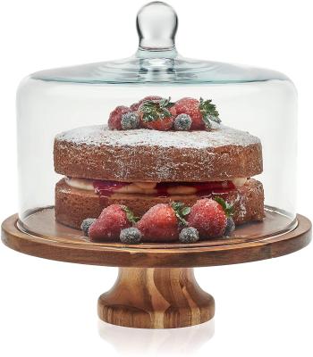 China Eco-Friendly Sustainable Acacia Wood Footed Cake Server Cake Stand With Glass Dome for sale